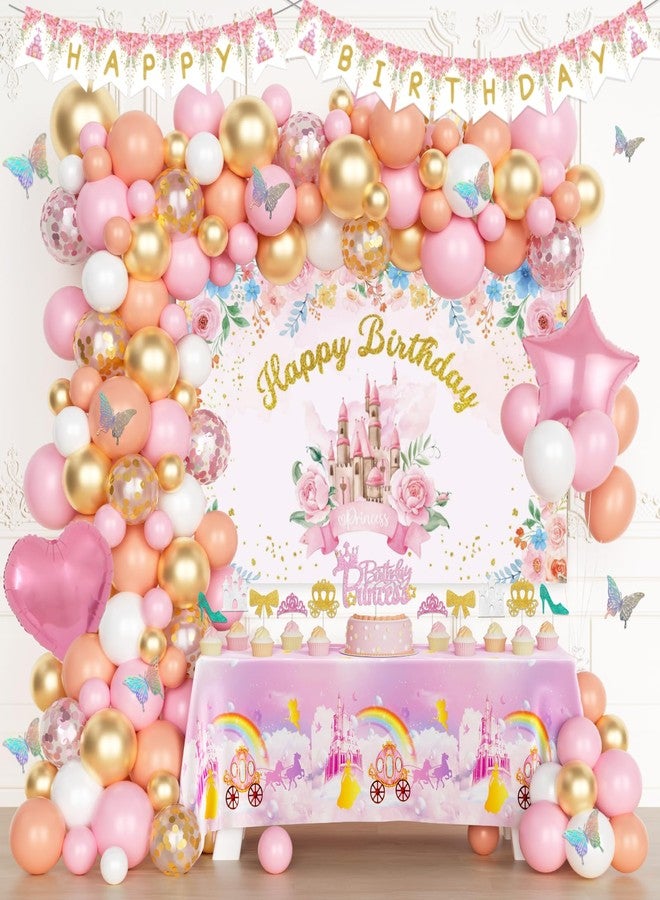 Fiesec Princess Birthday Party Decorations, Pink Princess Birthday Backdrop Balloon Garland Arch Banner Tablecloth Cake Cupcake Topper 3D Butterfly for Girls Pastel Floral Castle Party Supplies - Image 1